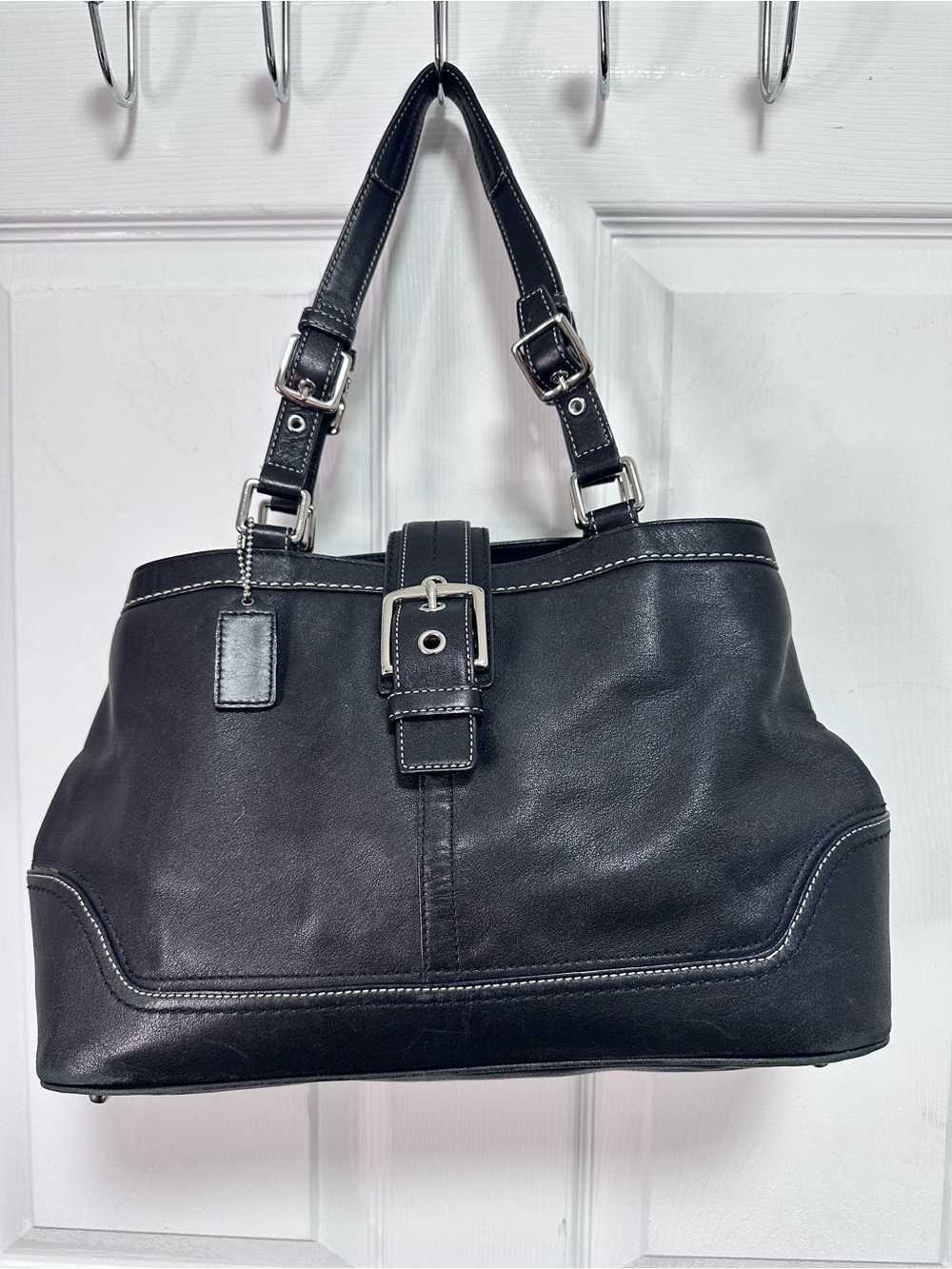Coach Y2K Black Leather Shoulder Bag with Silver Buckle Hardware